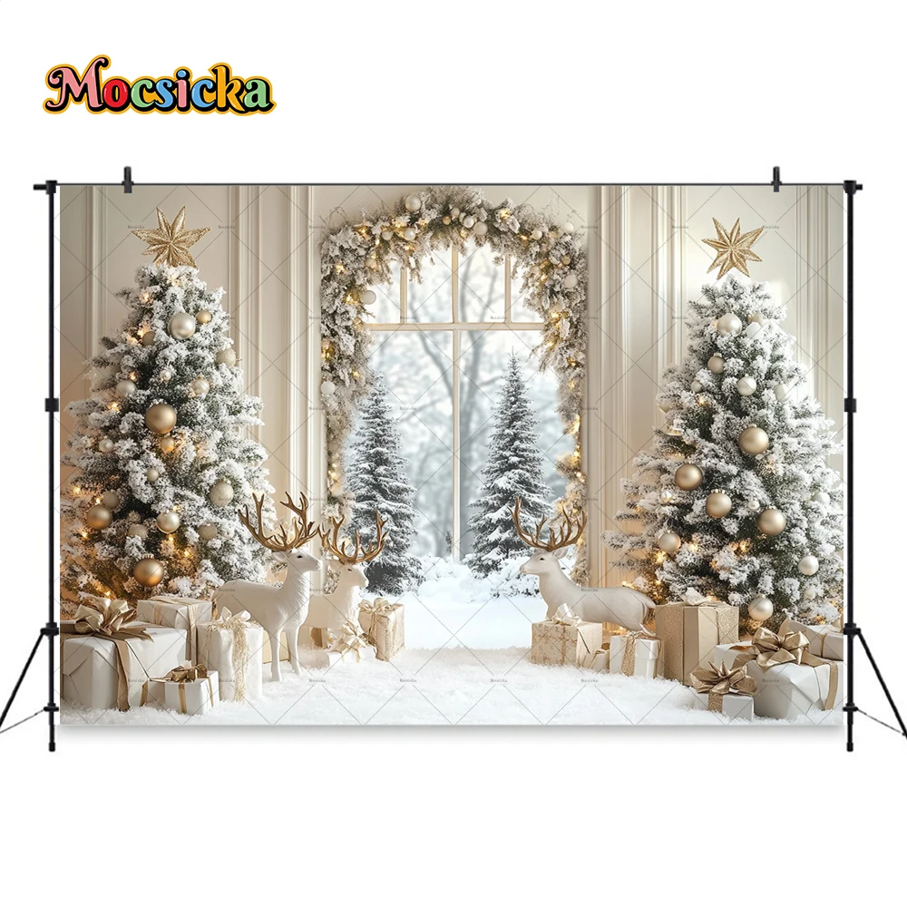 Mocsicka Christmas Room Photography Background Gold Xmas Tree Window Gift Elk Backdrop Decor Girl Child Birthday Photo Studio