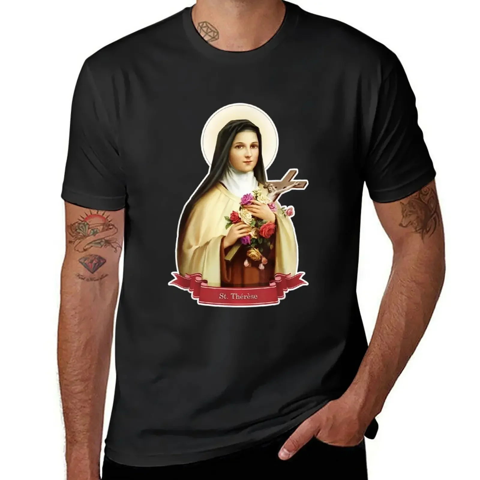 St Therese of Lisieux Kids Little Flower Rose Catholic Saint T-Shirt tees oversized T-shirt men heavyweight fashion Round Neck