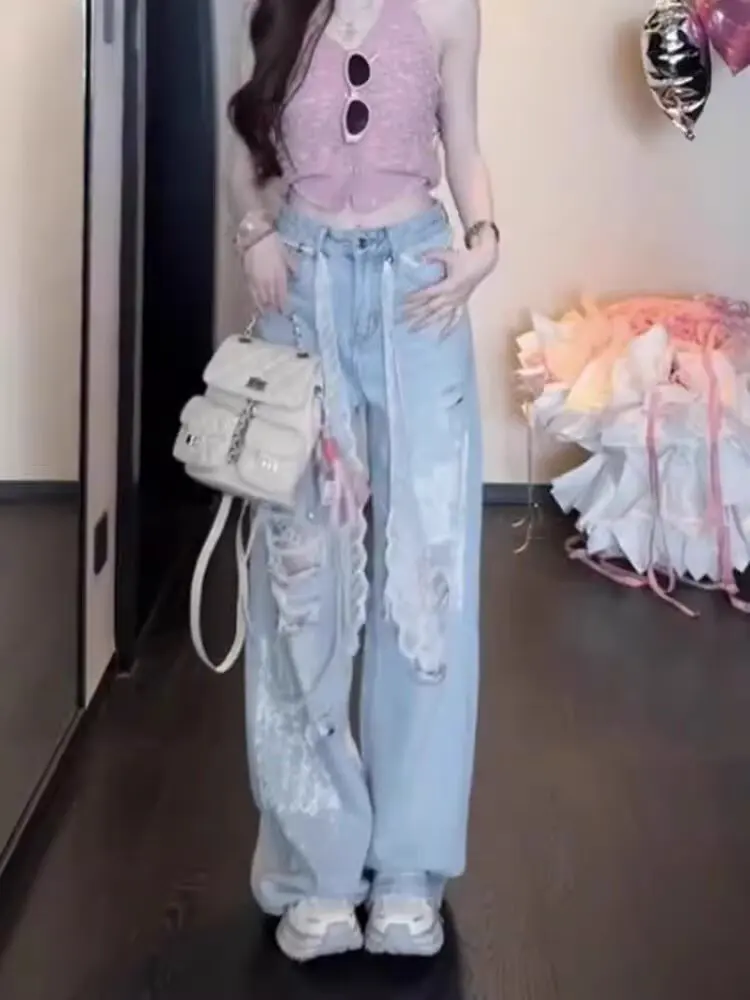 Women High Waist Ripped Lace Wide Leg Jeans Light Wash Sparkle Print Denim Pants With Lace Ribbon  Sweet Trousers