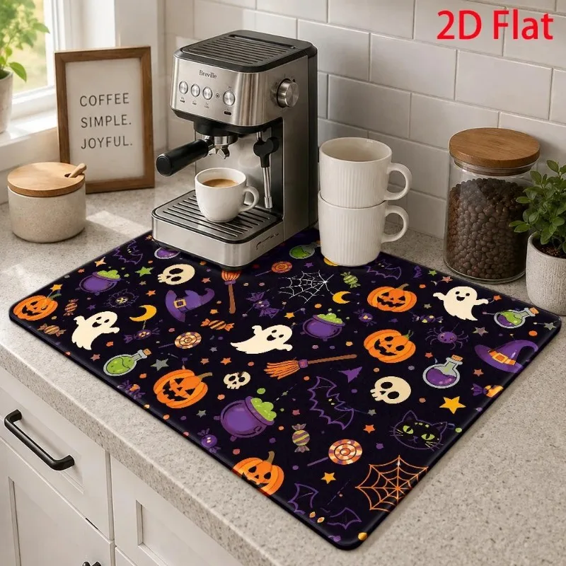 Kitchen Counter Mat Halloween Witch Hat Magic Potion Bottle Splatter Proof Purple Party Cushion