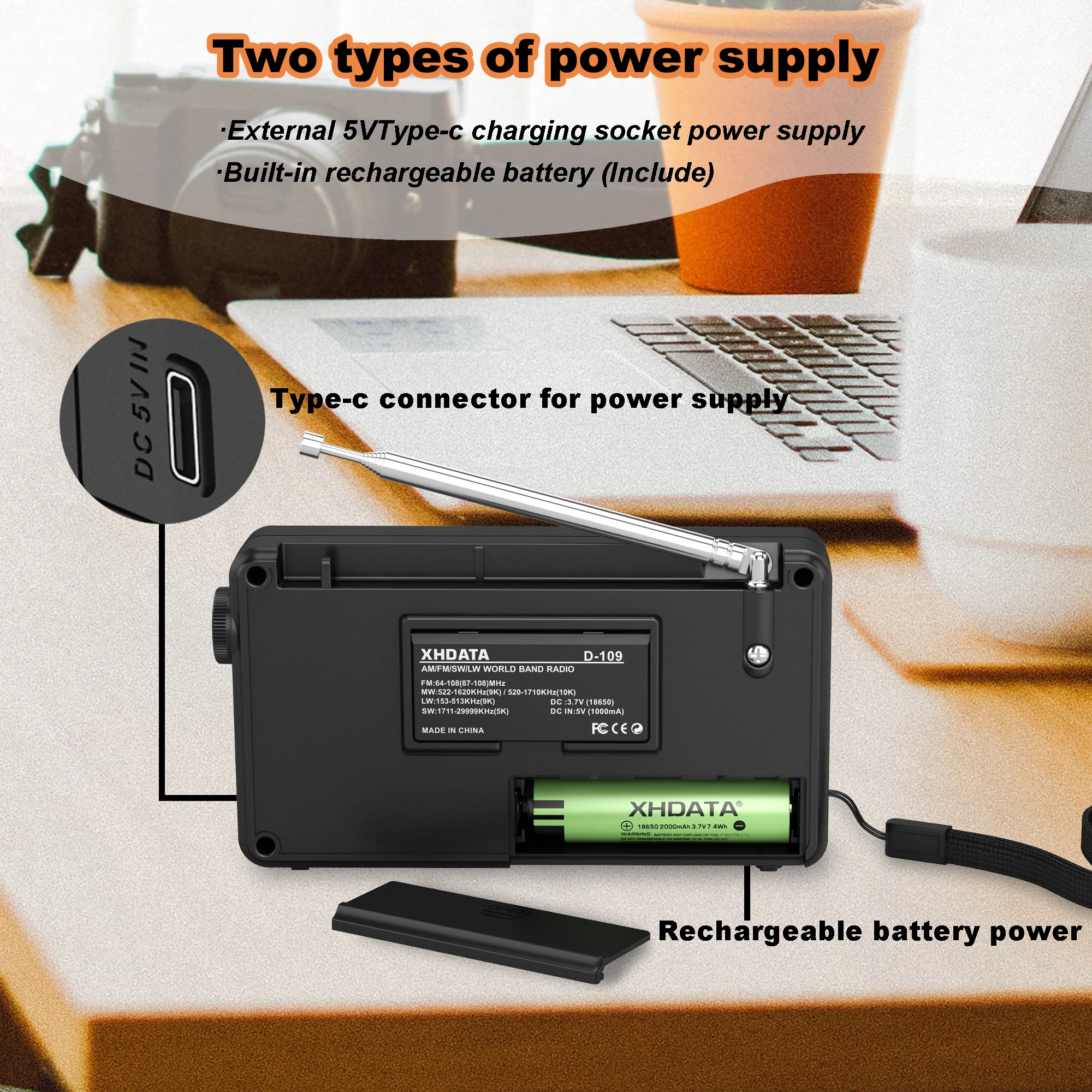 XHDATA D-109 สเตอริโอดิจิตอลแบบพกพาวิทยุ AM SW MW วิทยุ FM Bluetooth มัลติฟังก์ชั่นวิทยุสนับสนุน TF Card Player