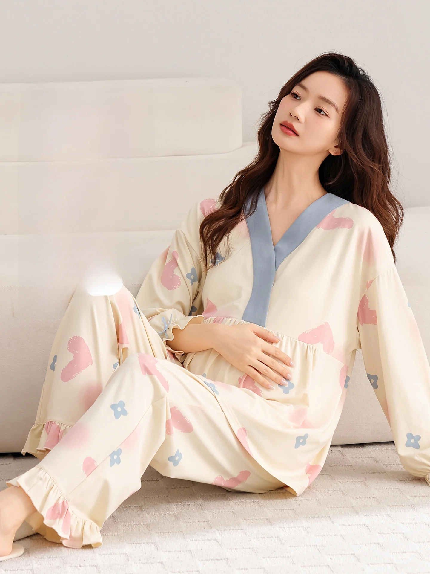 pure-cotton-maternity-sleepwear-cardigan-style-nursing-home-clothes-set-with-chest-pad-loose-fit-autumn-home-clothes-for-women