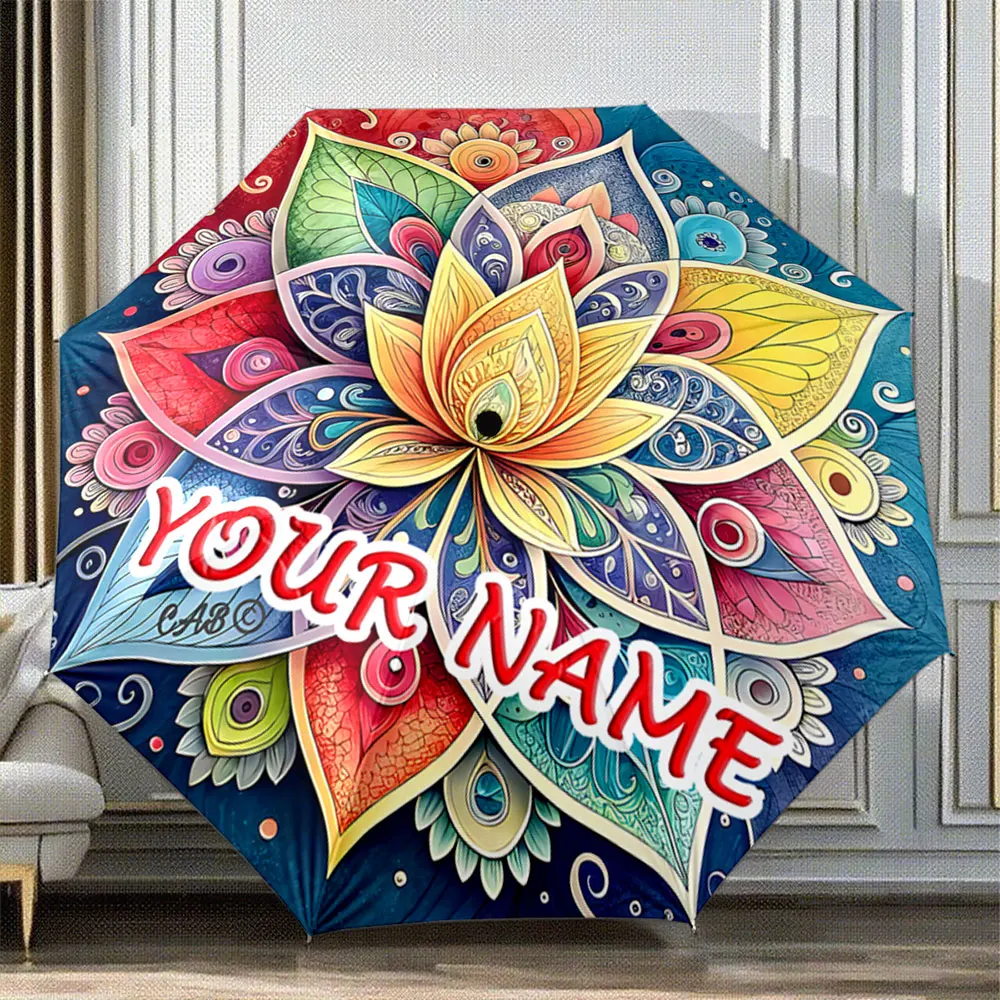 Custom Name Umbrella Colorful Mandala Art Design with Custom Text Print Umbrella Portable Folding Umbrella,Christmas Gift
