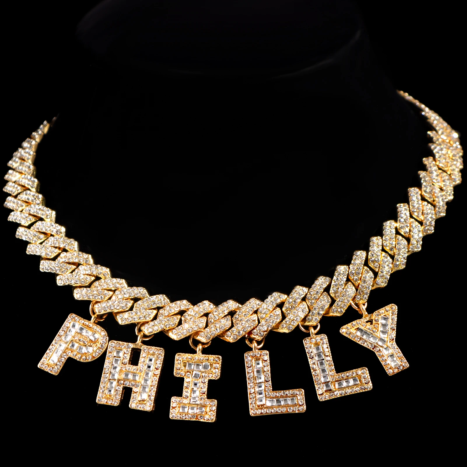 Custom Name Miami Cuban Link Chain Letter Necklace for Women Full Rhinestone Baguette Alphabe Necklace Hip Hop Birthday Jewelry