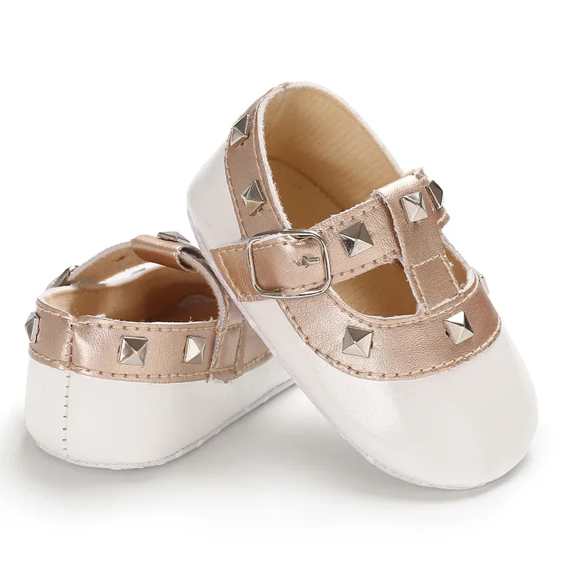 Meckior 2024 New Rivet Baby Girl Princess Shoes Casual Patent Leather Anti Slip Party Newborn Toddler Shoes First Walkers 0-18M