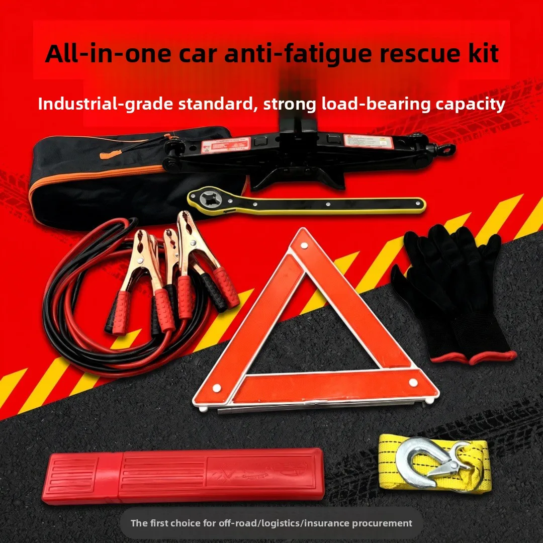 Car Emergency Tool Kit with Scissor Jack Tow Rope Jumper Cables Warning Triangle Portable Roadside Rescue Set for SUV Sedan Van