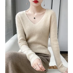 100% pure wool slim quality autumn and winter ladies V-neck sweater women's knitted pullover fashion solid color warm top.