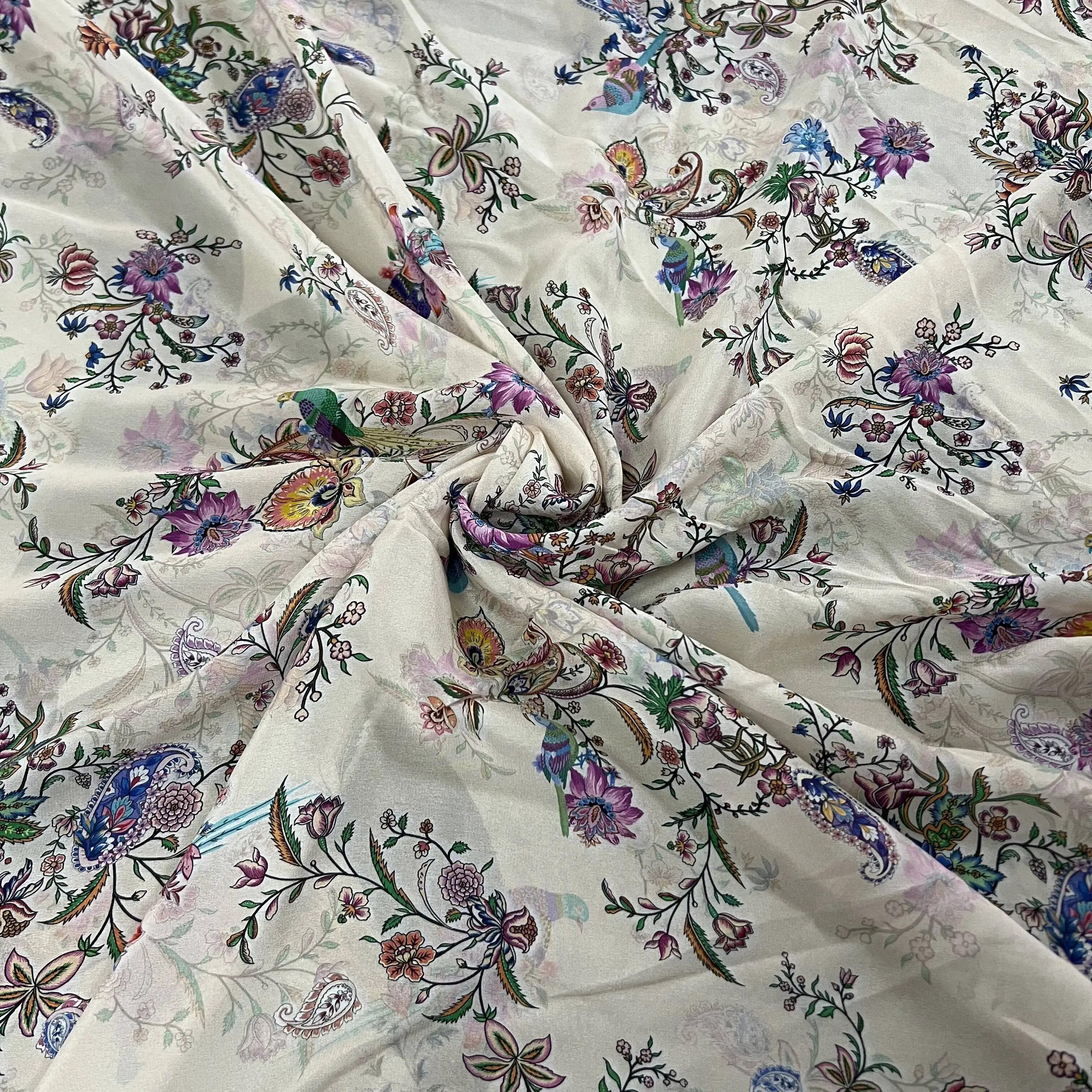 

1 meter 100% Mulberry Silk 14 momme Crepe Silk Fabric Cream-white Colorful Floral Printed 140cm 55" wide by the yard XX334