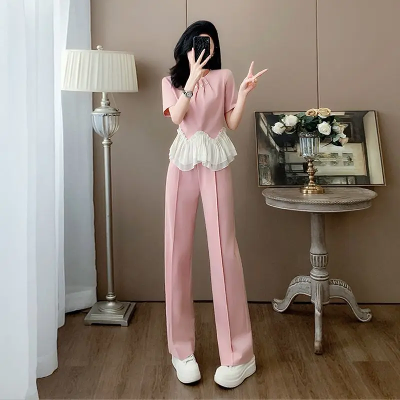 Wide Leg Pant Sets for Women 2 Pieces Chic and Elegant with Sleeve New in Matching Groups Cheap Luxury Full Pink Trousers Woman