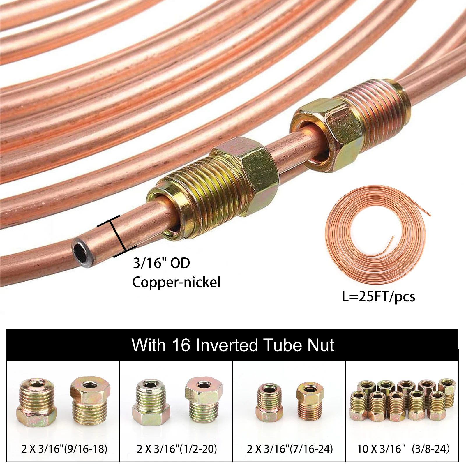 16PCS Nuts Galvanized Copper Hose Line Piping&25FT 7.62m Car Roll Tube Coil of 3/16\