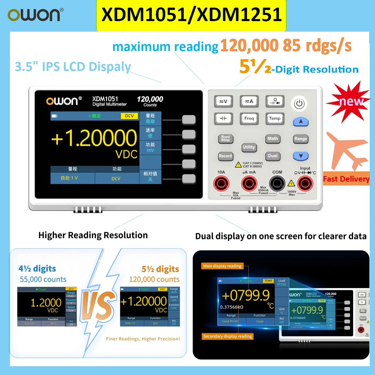 OWON 5 1/2 Benchtop Digital Multimeter 120000 Counts 85 rdgs/s True RMS 1000V DC/AC Voltage Temp USB Tester SCPI XDM1051 XDM1251