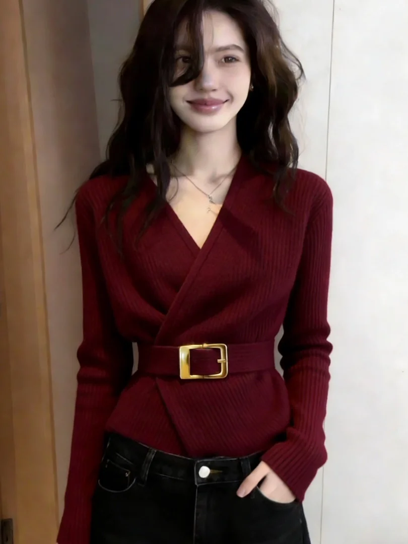 

Unique Korean Sle ort V-Ne Knitted Sweater Beautiful Inner Wear Top Faionable Commute Sle Slim Fit Long Sve