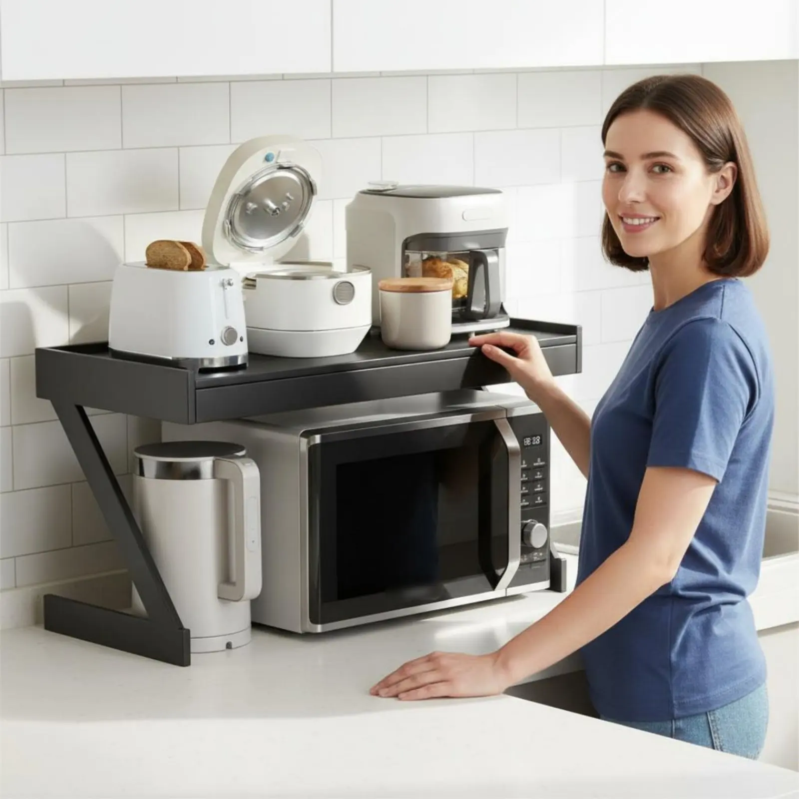 

Microwave Oven Rack with Drawer Multifunctional Kitchen Counter Shelf with Drawer Microwave Oven Rack Multi-Functional