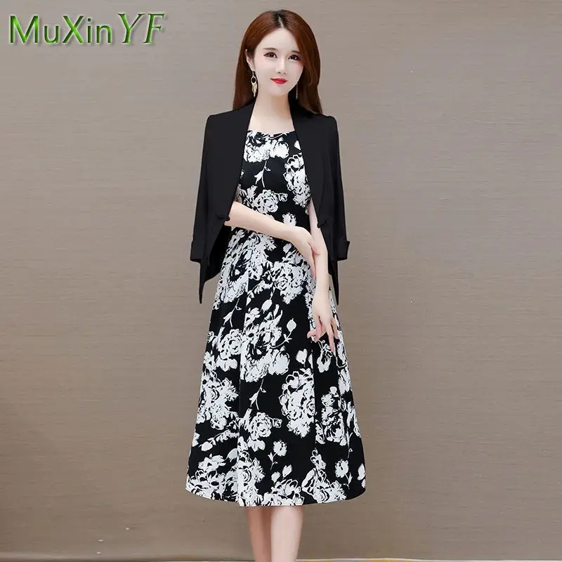 Women\'s Fashion Suit Coat + Chiffon Floral Dress Two Piece 2022 Fall New Korean Elegant Casual Professional Blazersa Skirt Set