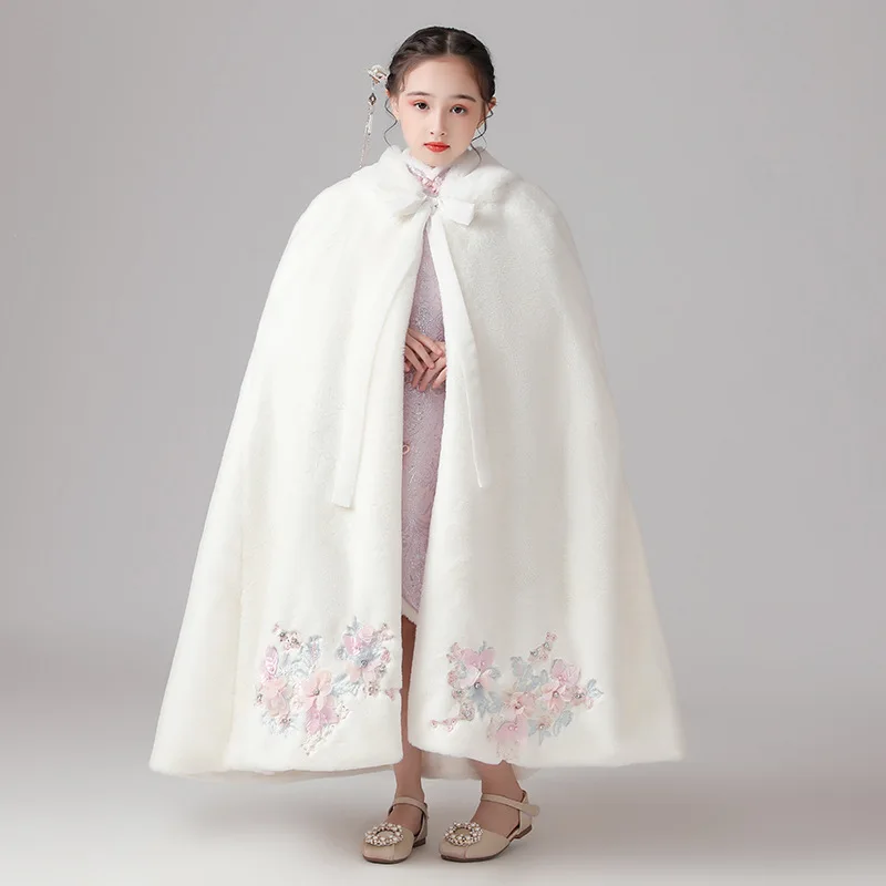 Winter Autunm Kids Embroidery Cotton-padded Clothes Children's Cloak Girl's Long Thickened Princess Chinese Lovely Shawl