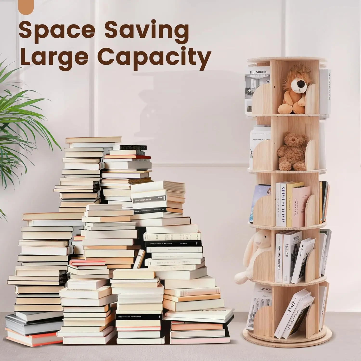 رف كتب دوار 5 طبقات، 360 درجة °   خزانة كتب أرضية، منظم من الخشب الصلب لغرفة الأطفال، غرفة المعيشة، غرفة النوم