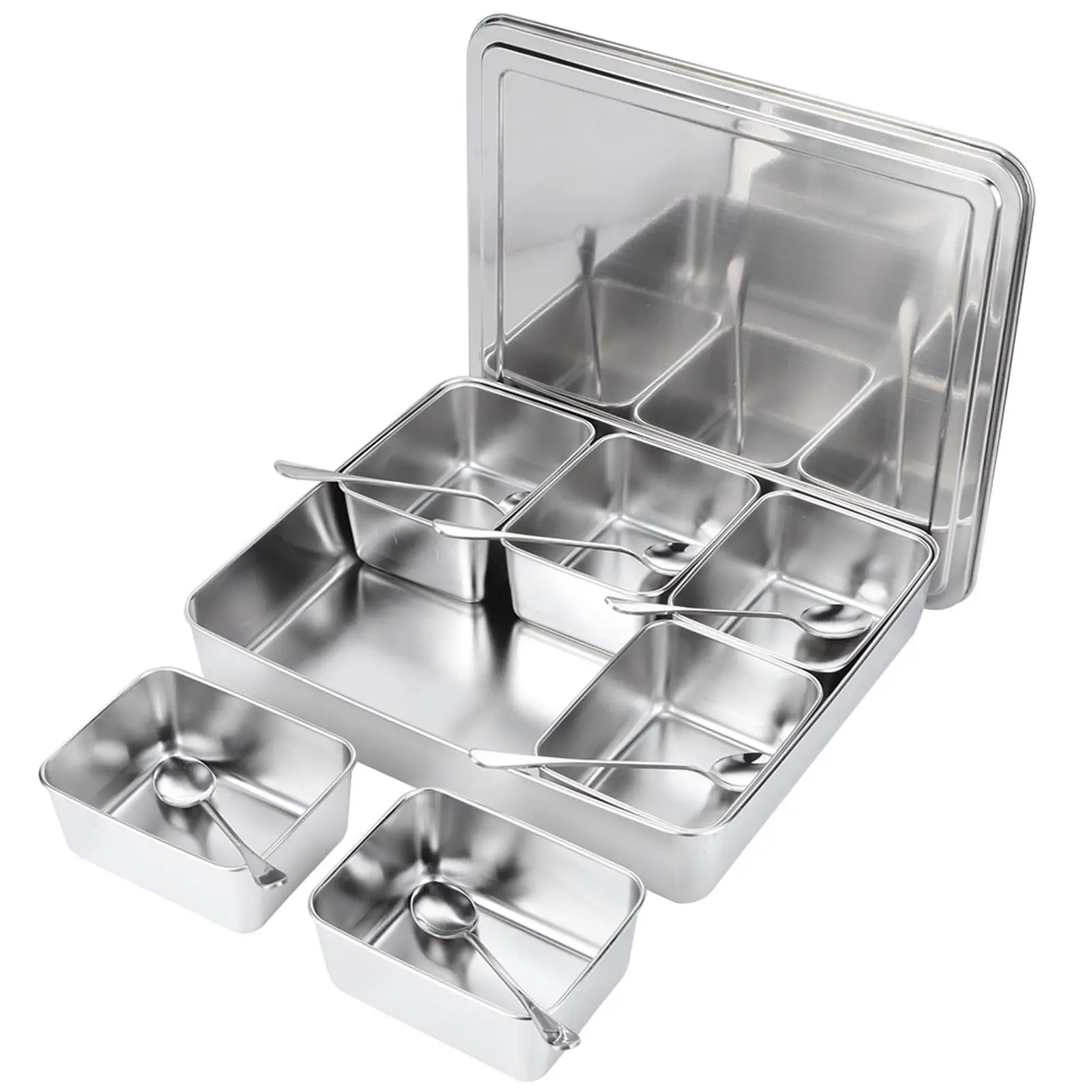 6-Grid Stainless Steel Seasoning Box Set with Spoons Condiment Storage Containers with Airtight Lids for Kitchen Countertop