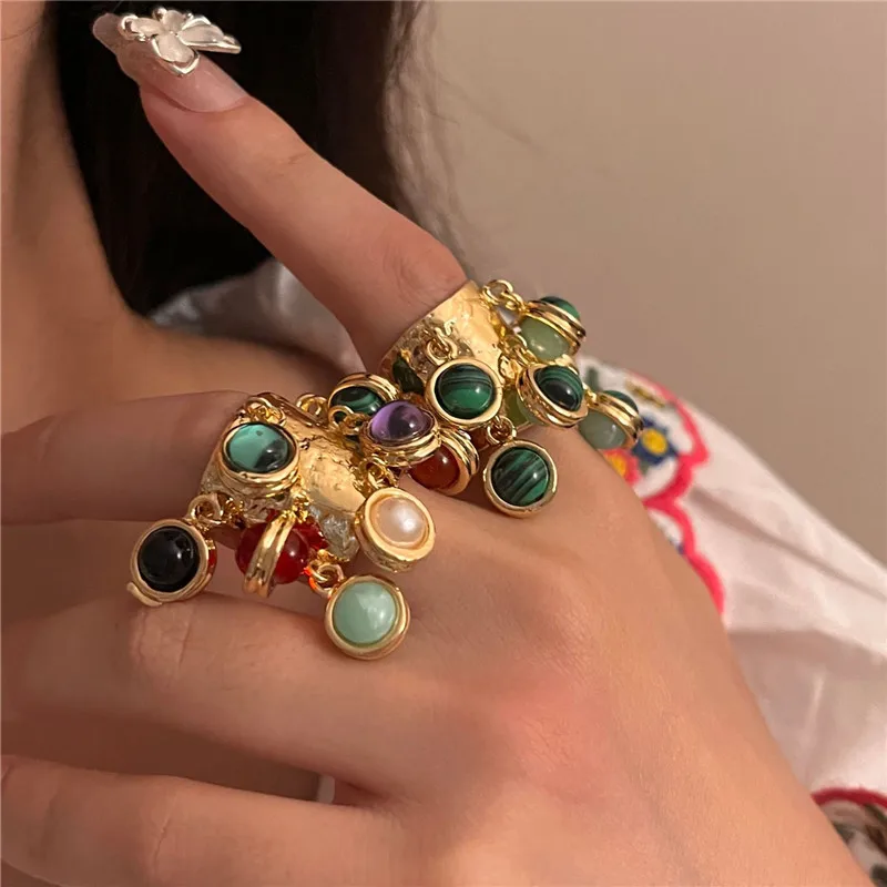 XIALUOKE Vintage Natural Stone Malachite Glass Multi-pendant High-grade Fringe Open Ring Women's Wedding Party Jewelry