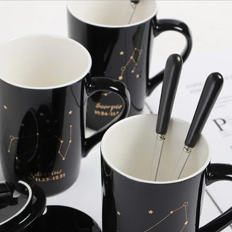 With Gift Box 12 Constellations Ceramic Mugs Spoon Lid Black and Gold Porcelain Zodiac Milk Coffee Cup 400ML Water