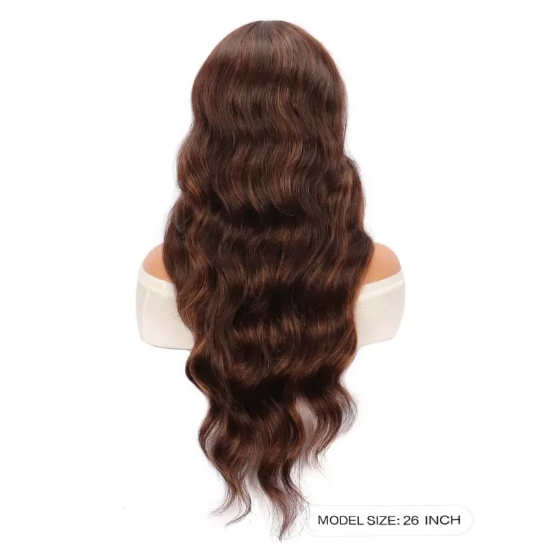 European American style, medium-length wavy wig with a side part, featuring small lace detailing and synthetic fibers