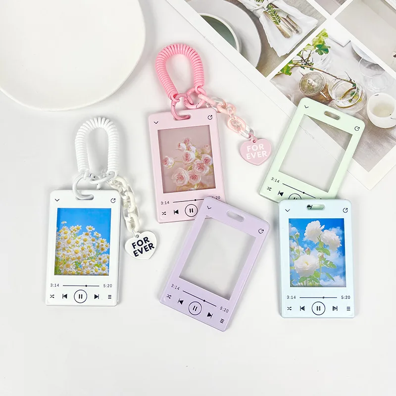 Music Player Hollow Card Holder Student Bus Subway Card Protector Girl Kpop Photocard Credit Card case Spring Rope Heart Pendant