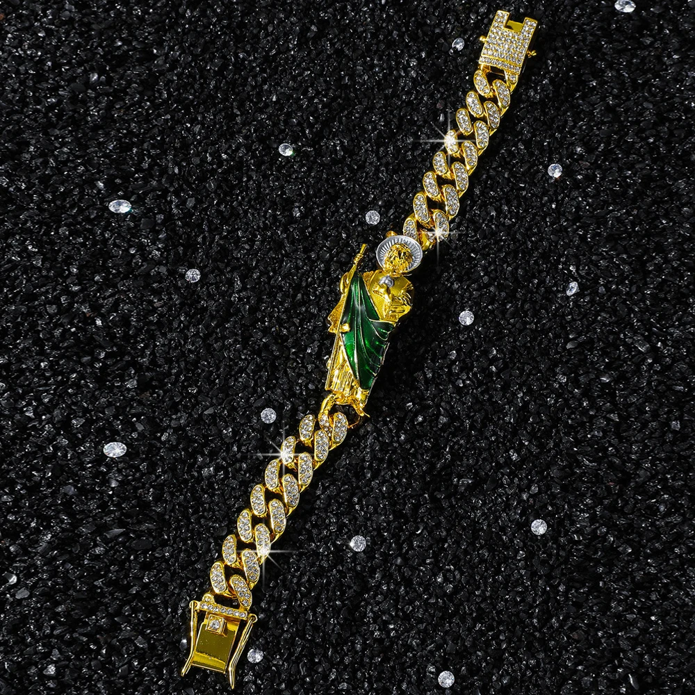 New Men Hip Hop Bling lced Out Crystal Miami Cuban Link Bracelet For Women San Judas St. Jude Taddeo Bracelets Religious Jewelry