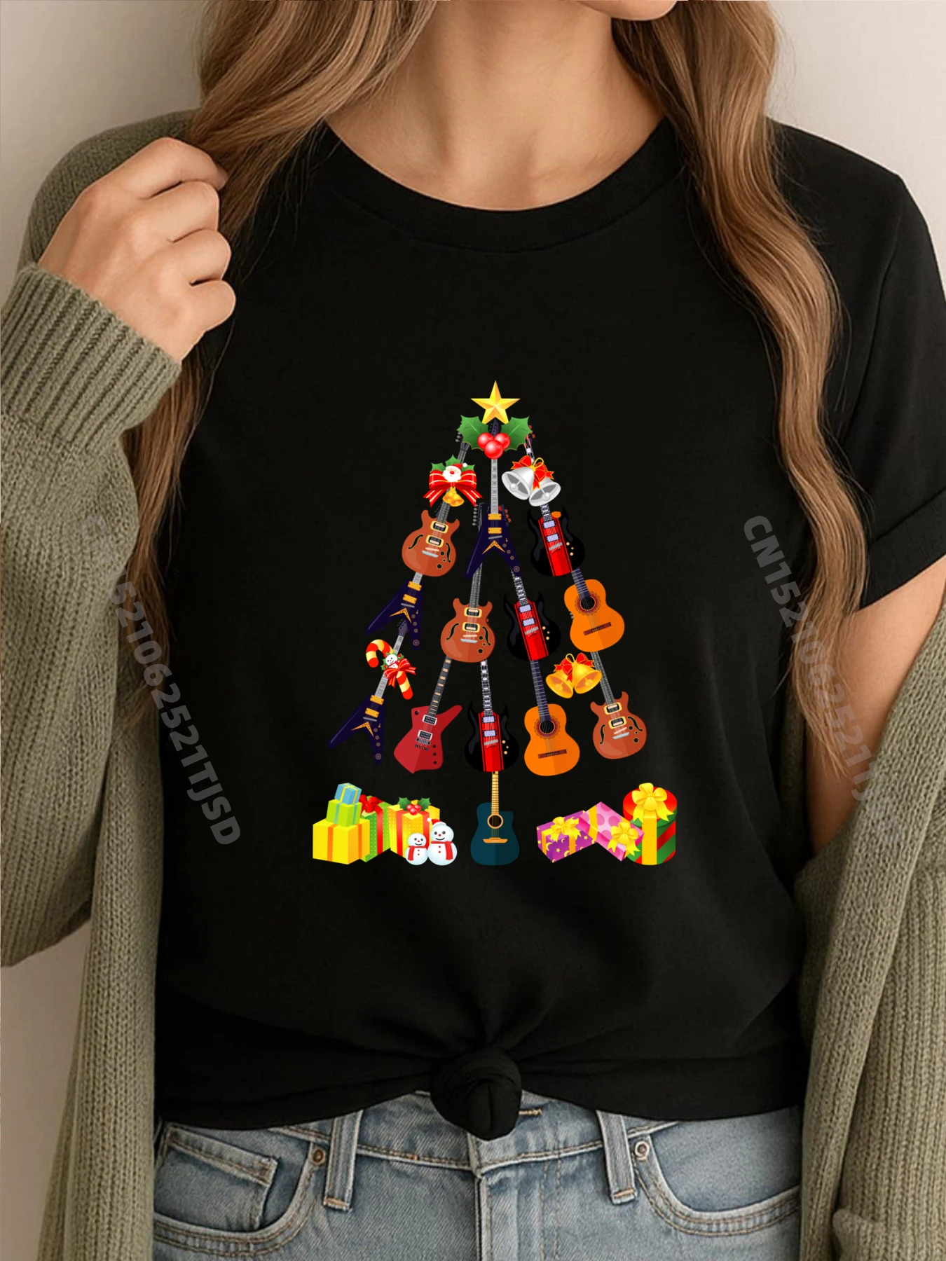 

Гитара Рождественская елка Шляпа Санта-Клауса Рождественский свет Гитарист Графические футболки Женская хлопковая футболка Женские топы Футболка