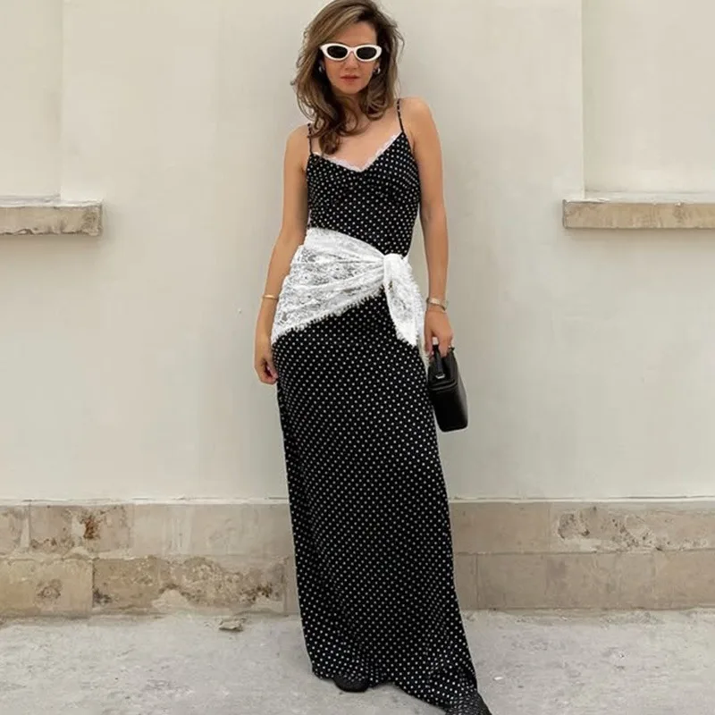 

Ticketsx Sexy V Neck Polka Dot Dress Vintage Lace Patchwork Sleeveless Long Dress Elegant Backless Beach Vacation Women's Dress