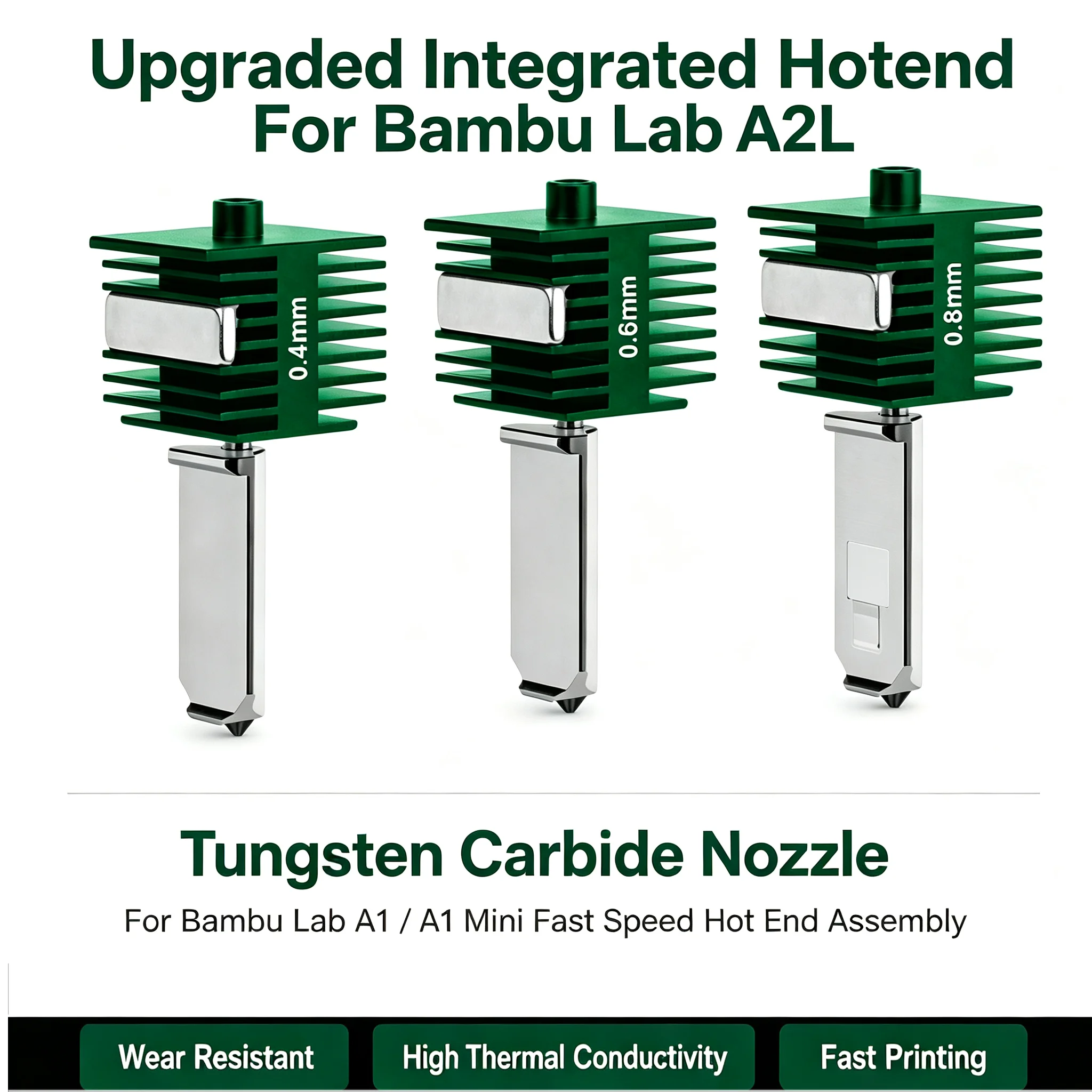 Hotend Kit For Bambu Lab A1 A2L One-Piece Tungsten Carbide 0.4/0.6/0.8mm Nozzle Hotend For Bambulab A2L/A1/A1 mini