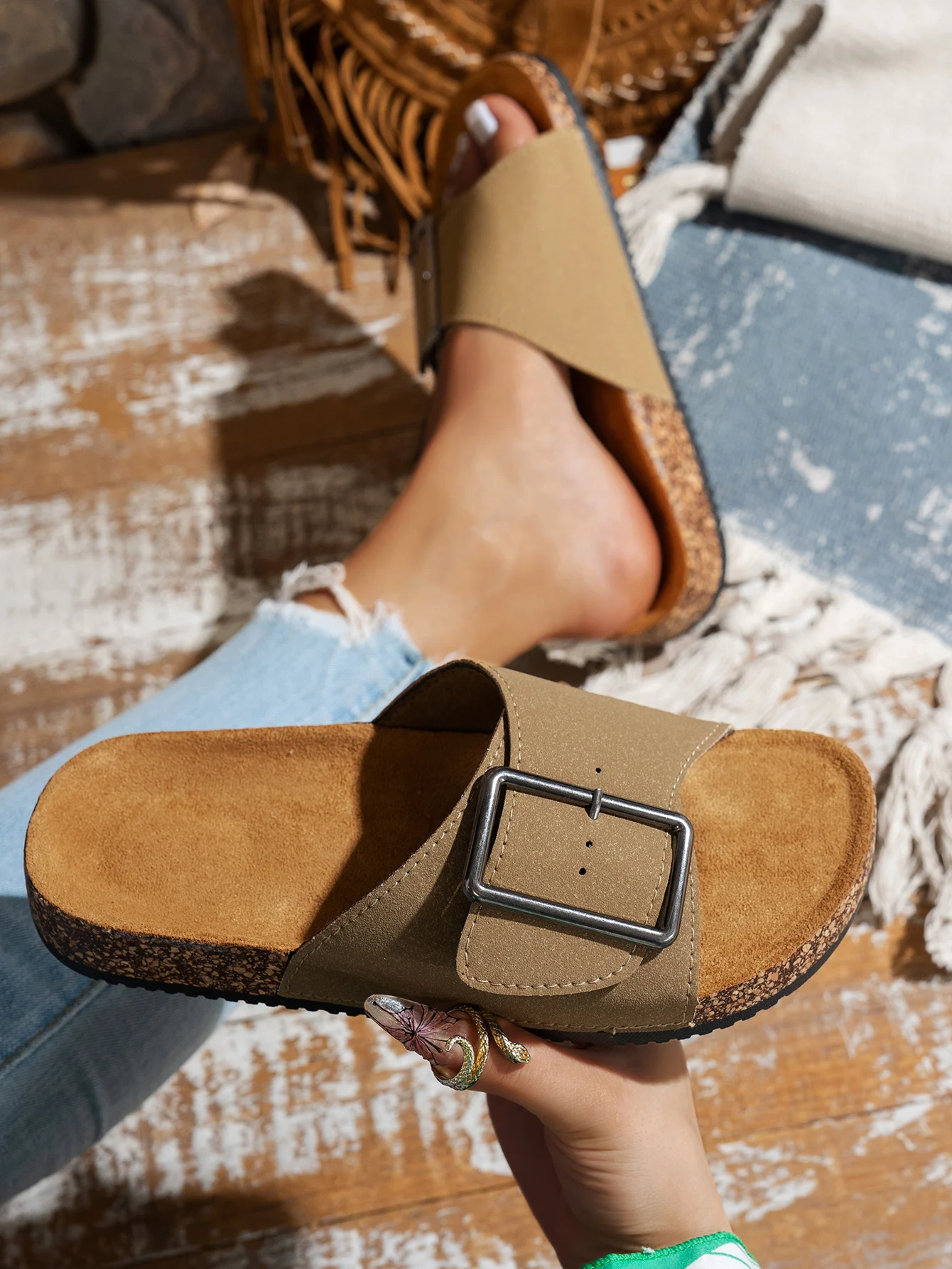 Damen Sommer Casual Einfache Schnallen-Verstellbare PU-Obermaterial Doppelriemen Strand Flache Slip-On Outdoor Haus Bequeme Hausschuhe Große Größen – Detail 1