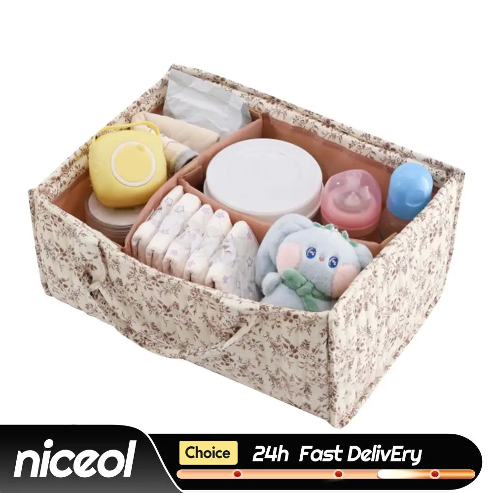 

Корзина для хранения детских принадлежностей с цветочным узором и съемным разделителем, большая корзина для подгузников, салфеток и предметов первой необходимости для новорожденных