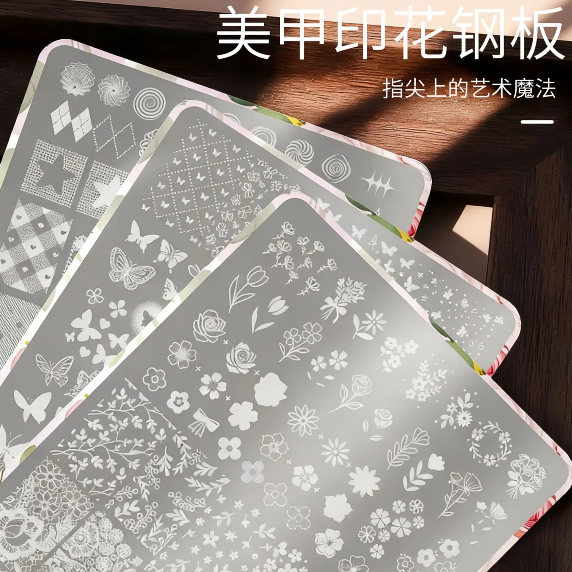 Hot Sale Nail Stamping Plates with Backing - Bow Flower Lace Grid Patterns Nail Art Transfer Tools