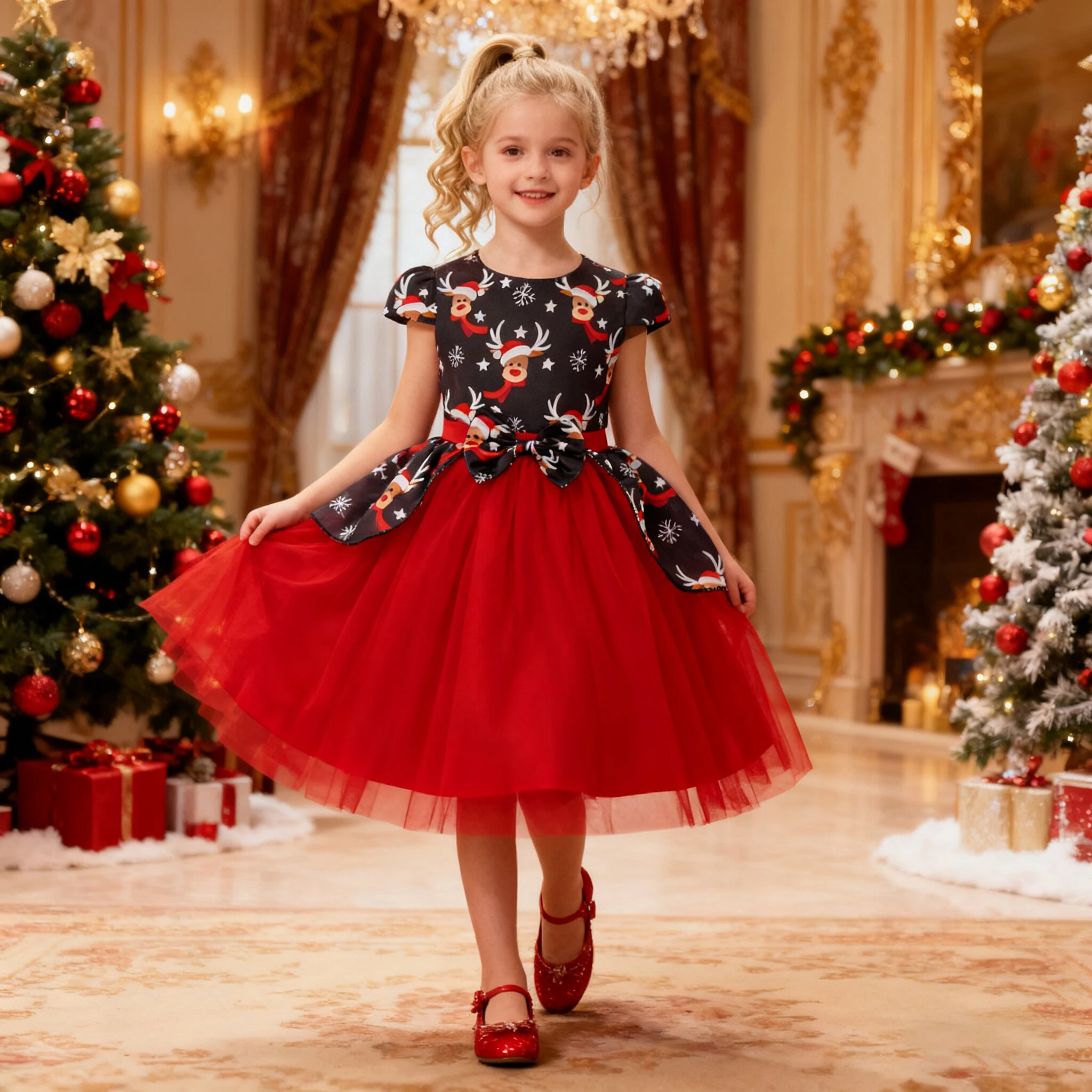 

Christmas Deer Snowflake Party Girls Dresses Fluffy Santa Claus Wedding Birthday Princess Dress for Girl Bow Bridesmaids Costume