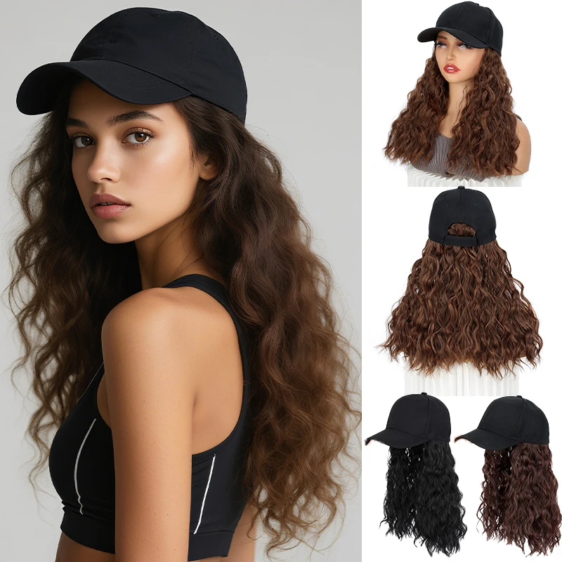 Hat Wig for Women, Long Wave Baseball Cap Wig with Curly Synthetic Hair Extensions, Adjustable Brown Black Baseball Hat Wig