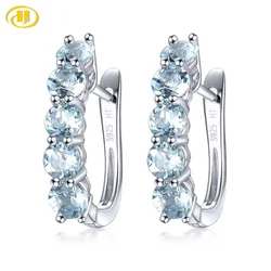 Hutang Natural Aquamarine 925 Silver Hoop Earrings Light Blue Gemstone Solid 925 Sterling Silver Simple Earrings for Women