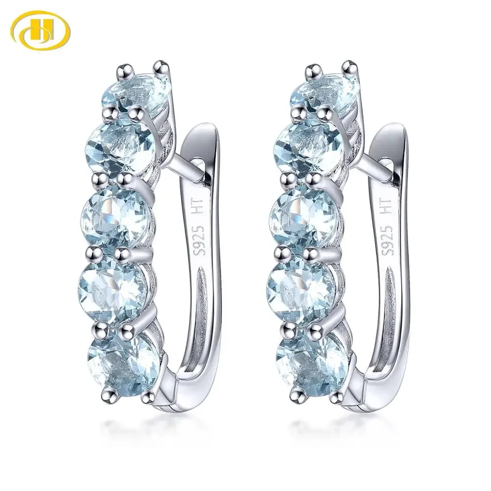 Hutang Natural Aquamarine 925 Silver Hoop Earrings Light Blue Gemstone Solid 925 Sterling Silver Simple Earrings for Women