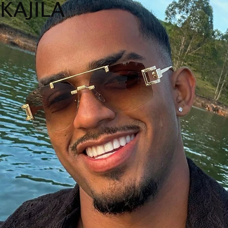 

Square Rimless Punk Sunglasses Men 2026 Luxury Brand Vintage Steampunk Frameless Polygon Double Beam Sun Glasses For Male UV400