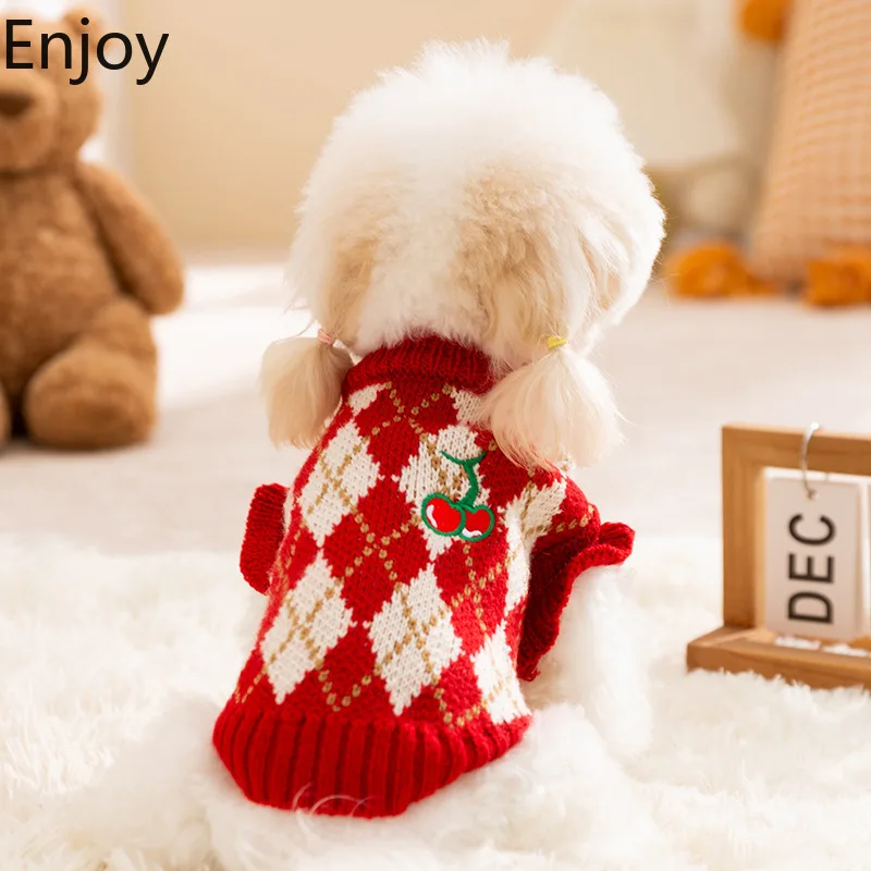 Spring and Autumn Stylish and Warm Dog Sweater with Diamond Embroidery and Cherry Fly Sleeve for Small and Medium Pets