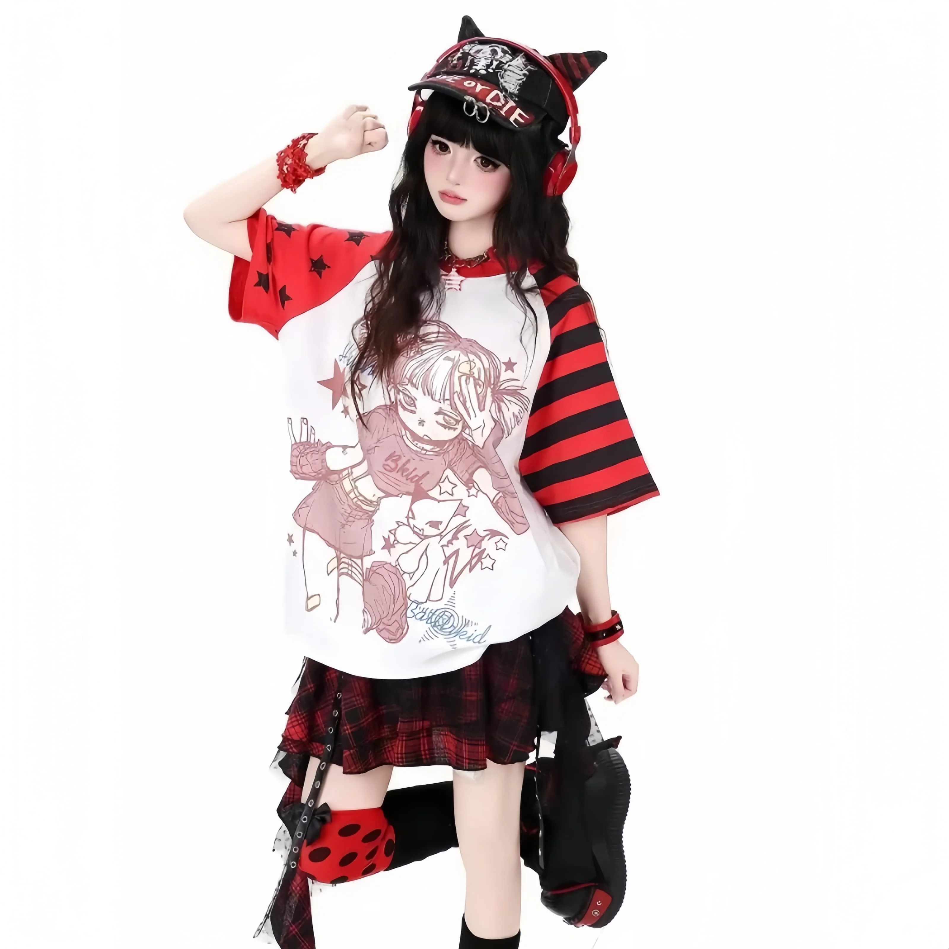 Harajuku Y2K Millennium Girls' Printed Shoulder Stripe Girls' Summer Casual Loose Street Round Neck Short Sleeved T-shirt