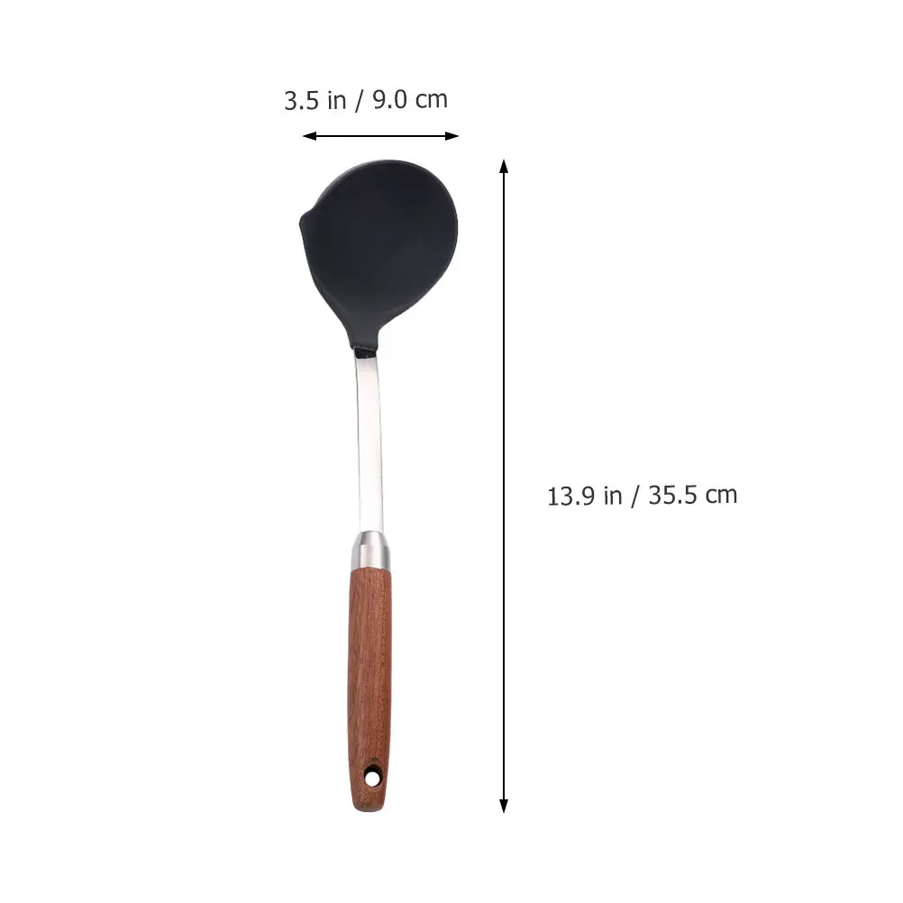 1Pcs Silicone Soup Ladle Heat Resistant Long Handle Stainless Steel Wooden Handle Hook Design Non Stick Cooking Kitchen Gadget