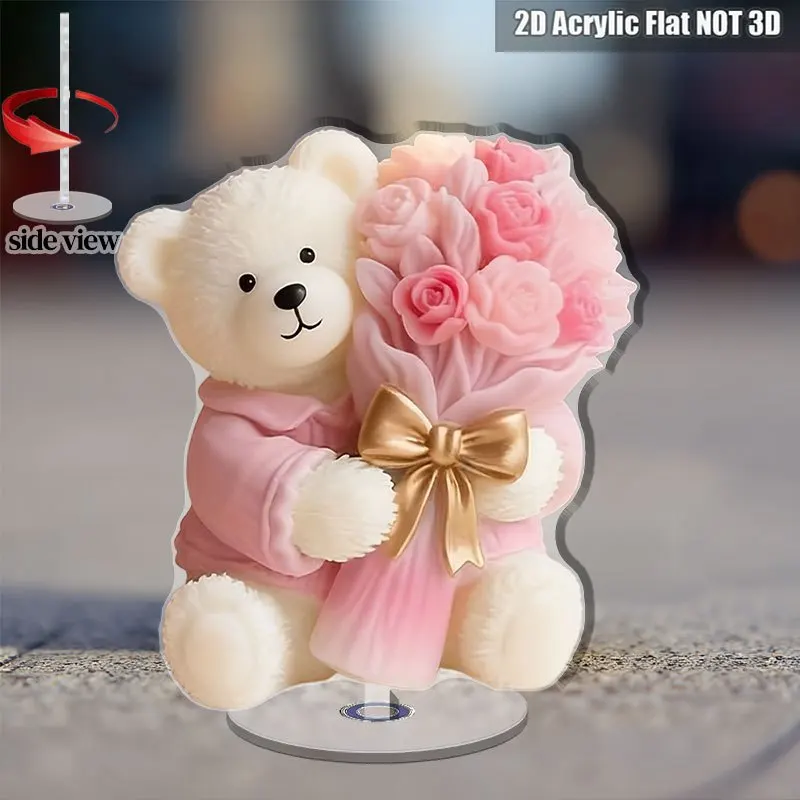2D Flat, 2D Flat Style, 1pc Rotating Teddy Bear Holding a Pink Rose—rotating Acrylic Ornament, Suitable for Bookshelves, Desktop