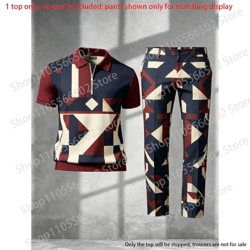 1 top (without pants)-Men's half zip short sleeve polo shirt,3D geometric color block print,summer business casual breathable