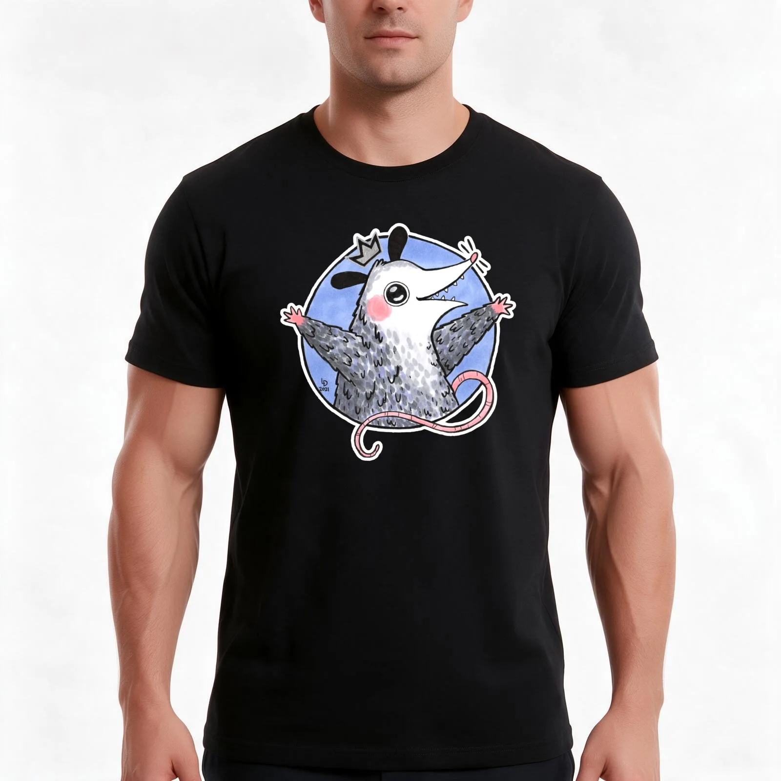 Opossum King T-Shirt, Summer Casual Cotton Tee, Oversized Streetwear Tops, Vintage Graphic Print, Loose Fit Short Sleeve