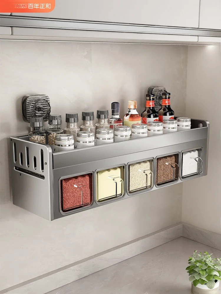 

Suction Cup Kitchen Spice Ra Wall Mounted No Drilling Multi Functional Home Use Oil Salt Sauce Storage elf Modern Simple ...