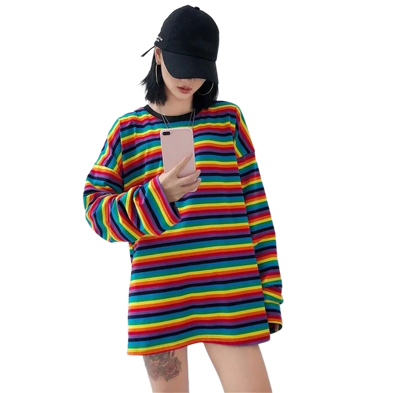 Spring Rainbow Stripe t Shirt Autumn Harajuku Female T-Shirt Long Sleeve Oversized T-Shirts Women Korean Tops Hip Hop Streetwear