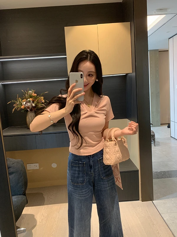 Spring Letter Comes 95 Cotton Elastic V-neck Short-sleeved T-shirt Women Summer Loose Slimming Knot Versatile Top