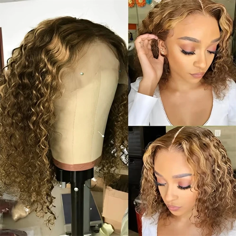 Ombre Brown Highlight 4/27 Deep Curly 13x4 Парик фронтальной части шнурка 200% Плотность 100% человеческие волосы Парики Бразильский парик шнурка с волнистыми волнами