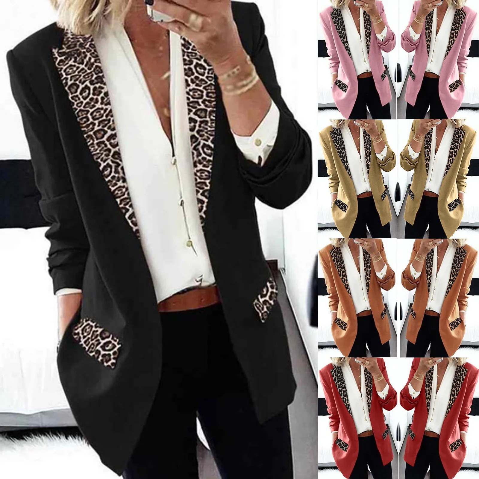 Fashion Office Lady Jacket Blazer Women Cardigan Thin Long Sleeve Leopard Print Elegant Small Suit Coat Oversize