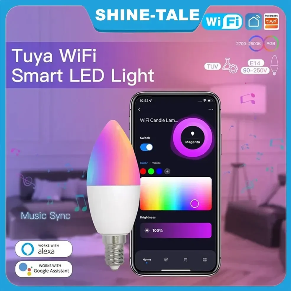 Tuya بلوتوث Led لمبة شمعة مصباح ذكي E14 5 واط RGB ضوء APP مجموعة التحكم عكس الضوء مجموعة التحكم الصوتي لديكور غرفة المنزل