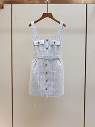 Luxury Crystal Blue Tweed Short Dresses Women Summer Straps Tank Single Breasted Belt Mini Evening Party Mini Vestidos